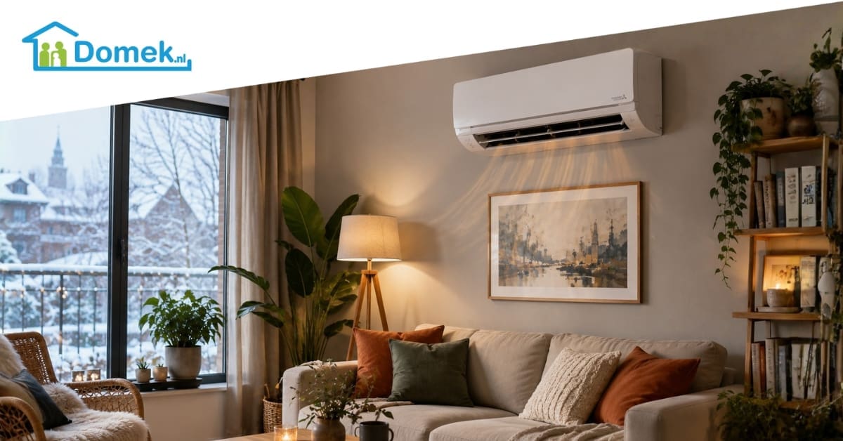 Modern air conditioner heating a cozy living room during winter in a Dutch home