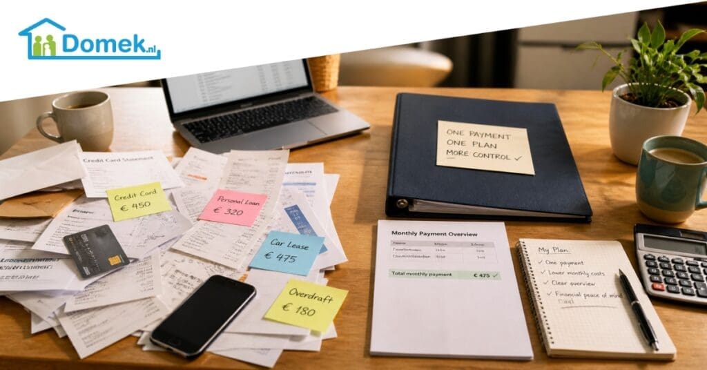 Desk with multiple bills, credit cards and one organised monthly payment plan in the Netherlands