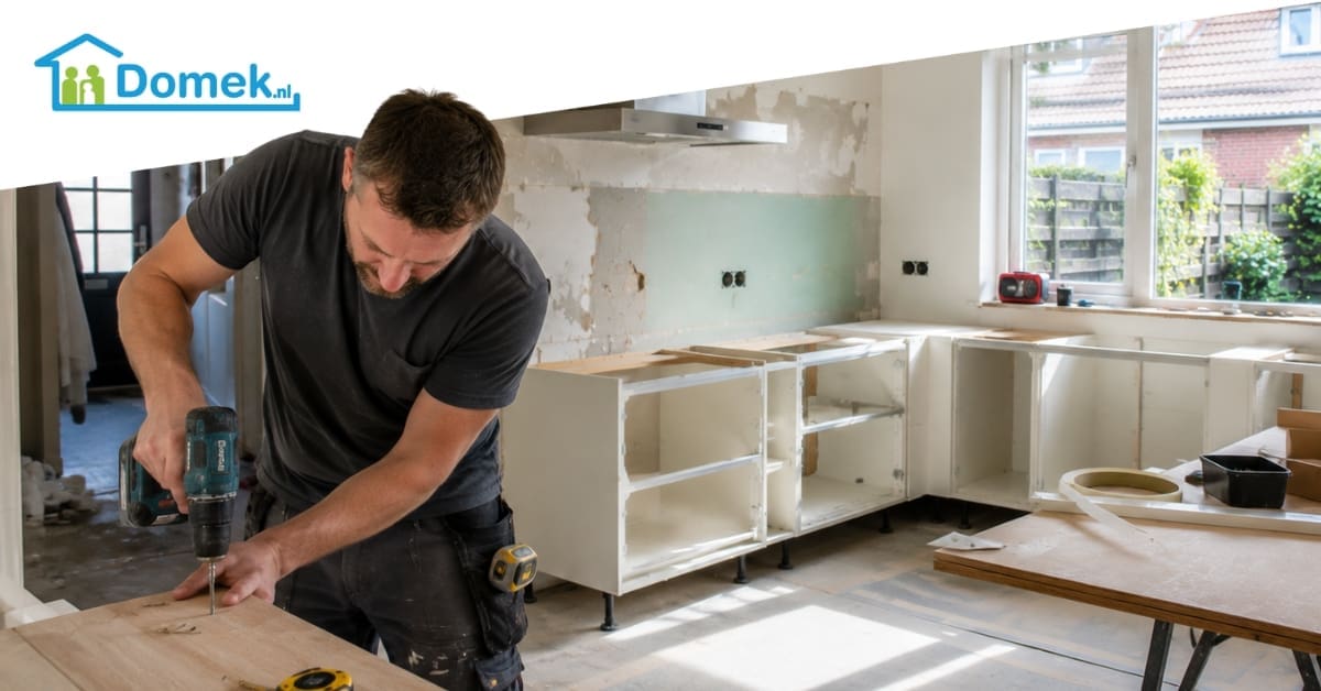 Kitchen renovation in progress in a typical Dutch home with a contractor installing new cabinets