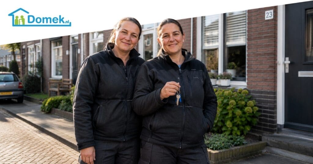 Two middle-aged women working through an employment agency standing in front of a Dutch home with mortgage documents in the Netherlands
