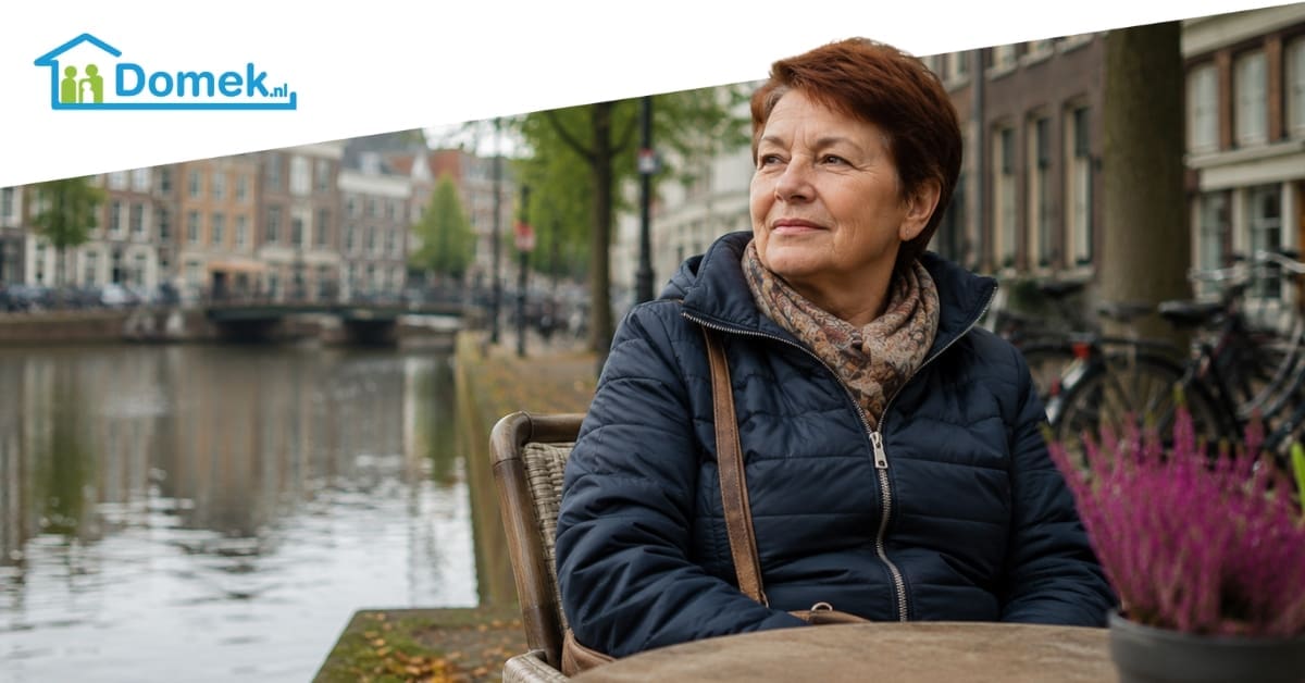 Older woman living in the Netherlands thinking about retirement and financial stability by a Dutch canal